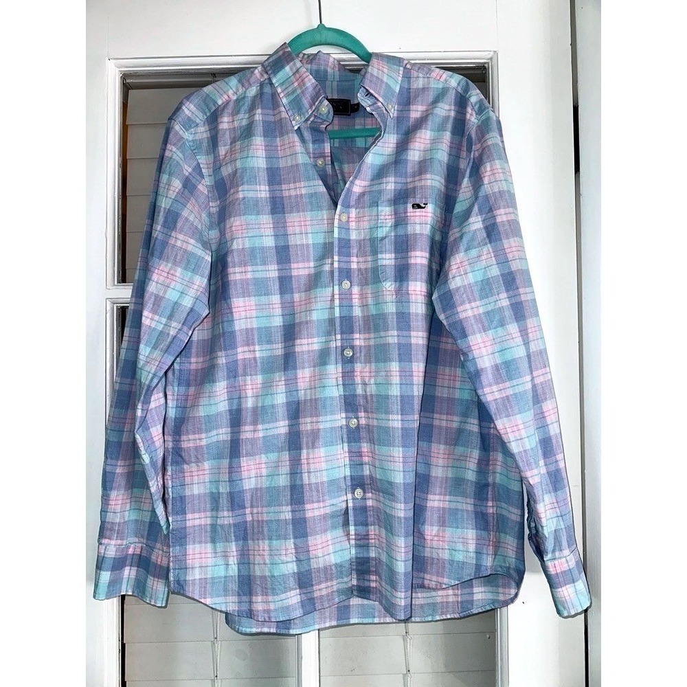 Vineyard Vines Men's M Pink & Blue Plaid Button Down Shirt Stretch - Picture 4 of 7